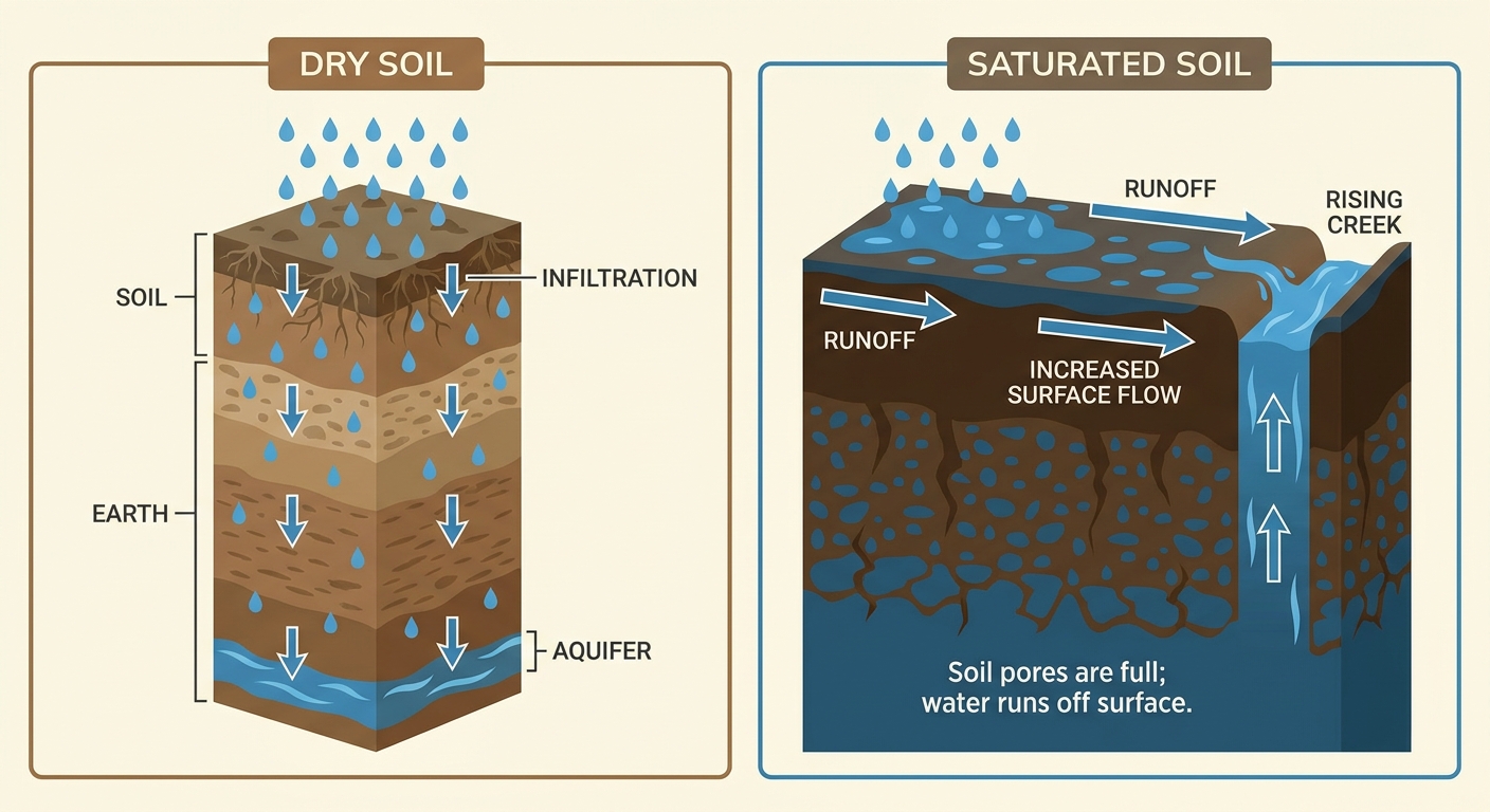 Cross-section diagram showing how rain falling on saturated soil produces runoff instead of soaking in, with labeled layers for a dry soil column versus a saturated soil column and arrows showing water flowing off into a rising creek