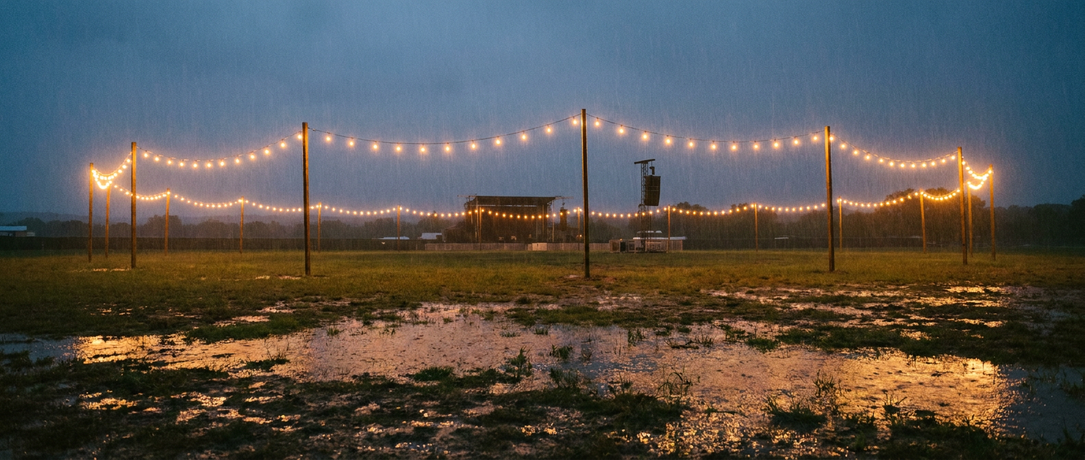 Rain falling over an outdoor festival field at dusk, string lights glowing through the downpour, stage silhouette in the distance