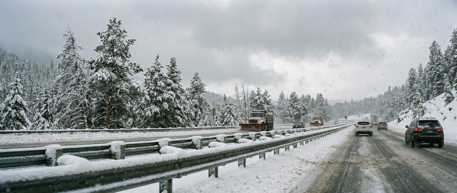 Heavy wet snow accumulating on a mountain highway