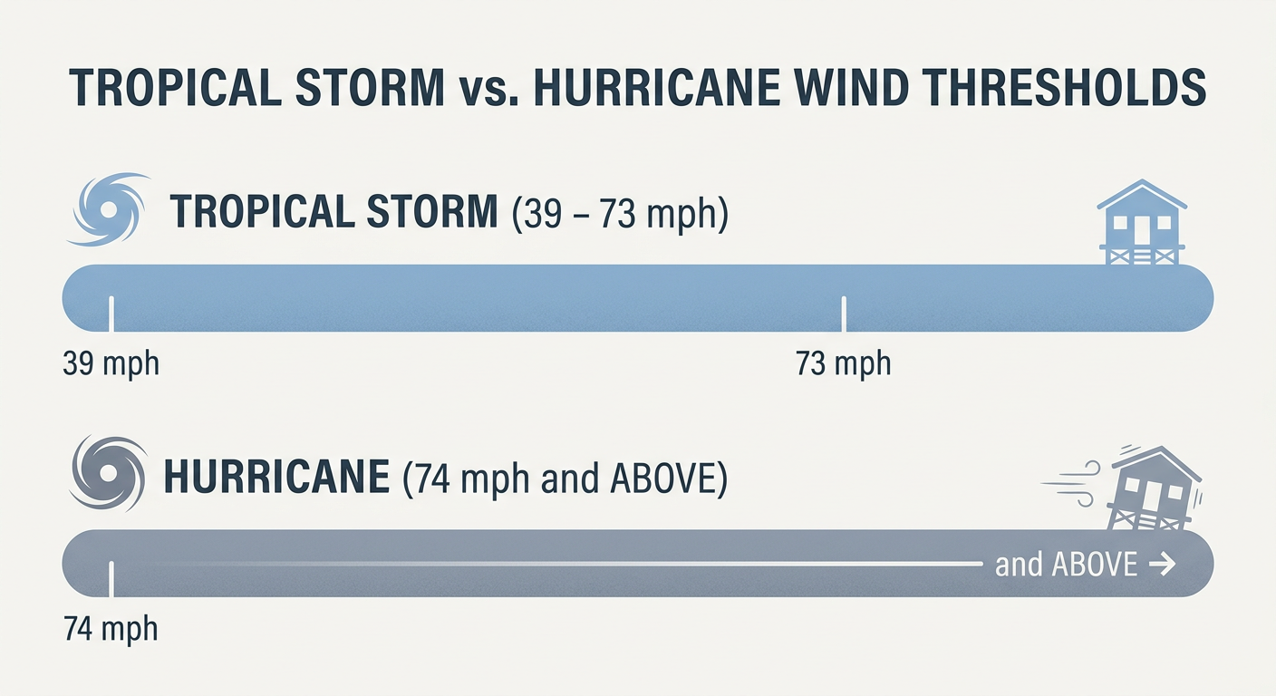Simple labeled infographic comparing tropical storm wind thresholds (39-73 mph) against hurricane wind thresholds (74+ mph) using horizontal bar icons and a small beach house silhouette for scale, clean minimalist educational design, muted blue and gray color palette