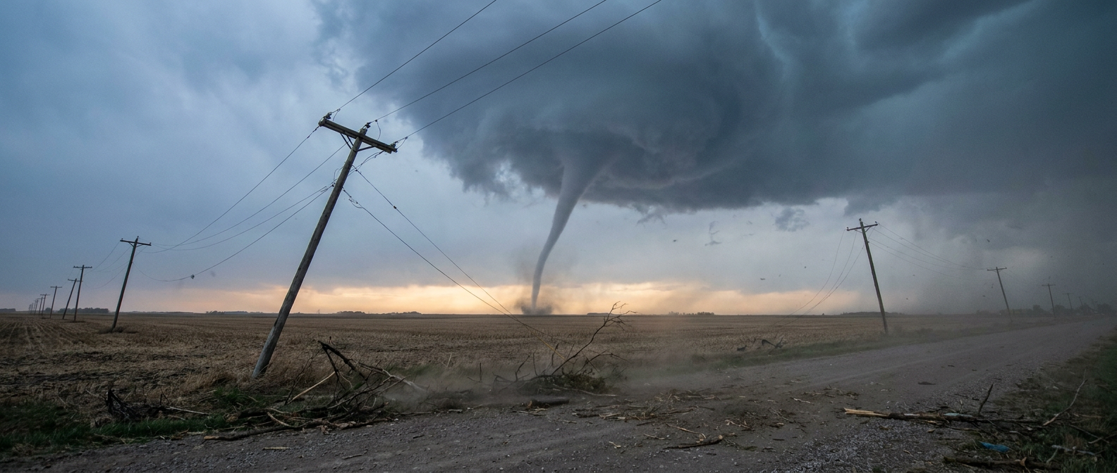 Ground-level view of a cone tornado over open farmland at dusk, power poles leaning in the foreground, dark rain-wrapped storm base above, muted blue-gray and amber palette