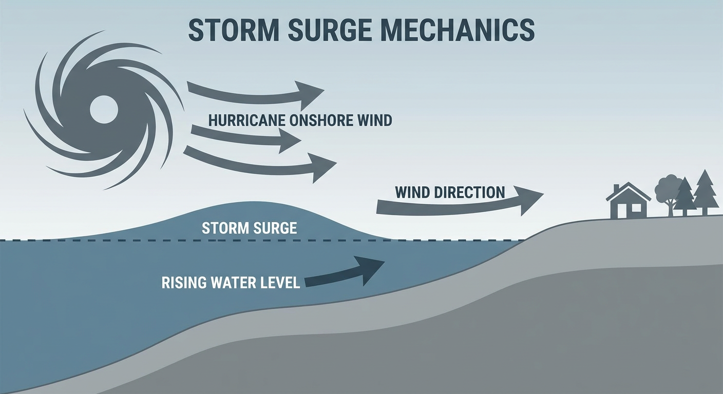 Cross-section diagram showing how onshore hurricane winds push a dome of ocean water toward the coast, labeled with surge height increasing as the seafloor shallows near shore