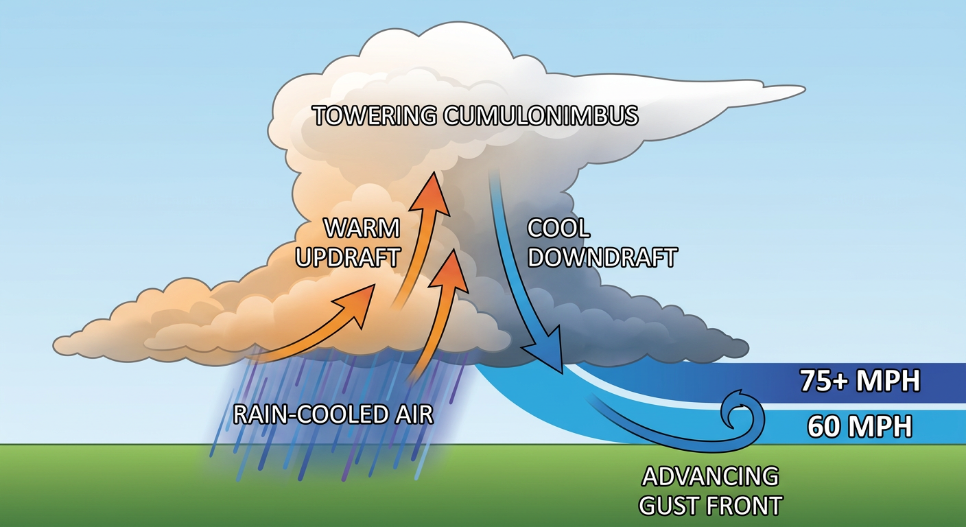 Cross-section diagram showing how a summertime multicell storm cluster produces damaging straight-line winds, with labeled downdraft, rain-cooled outflow, gust front, and a scale marking 60 and 75 mph wind zones near the surface