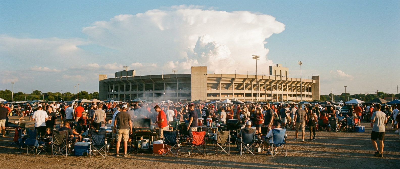 A stadium parking lot tailgate scene with grills and folding chairs, a tall cumulonimbus tower building in the distance behind the stadium, warm late afternoon light, wide shot