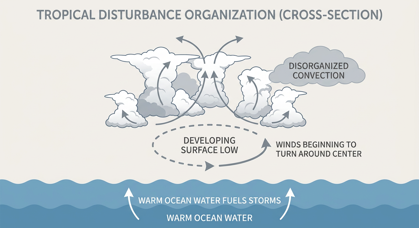 Cross-section diagram showing a disorganized cluster of thunderstorms over warm ocean water gradually consolidating around a weak surface low, with labeled arrows showing convergence and warm sea-surface temperatures feeding convection