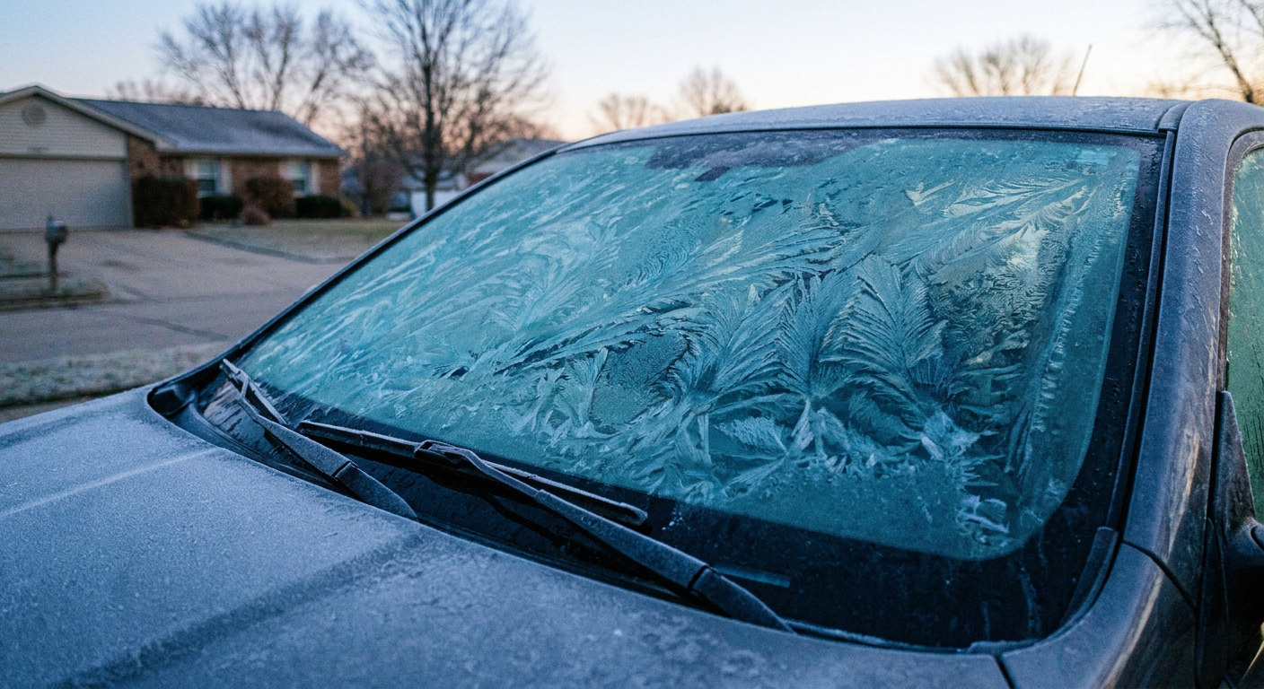 Frost on a morning windshield