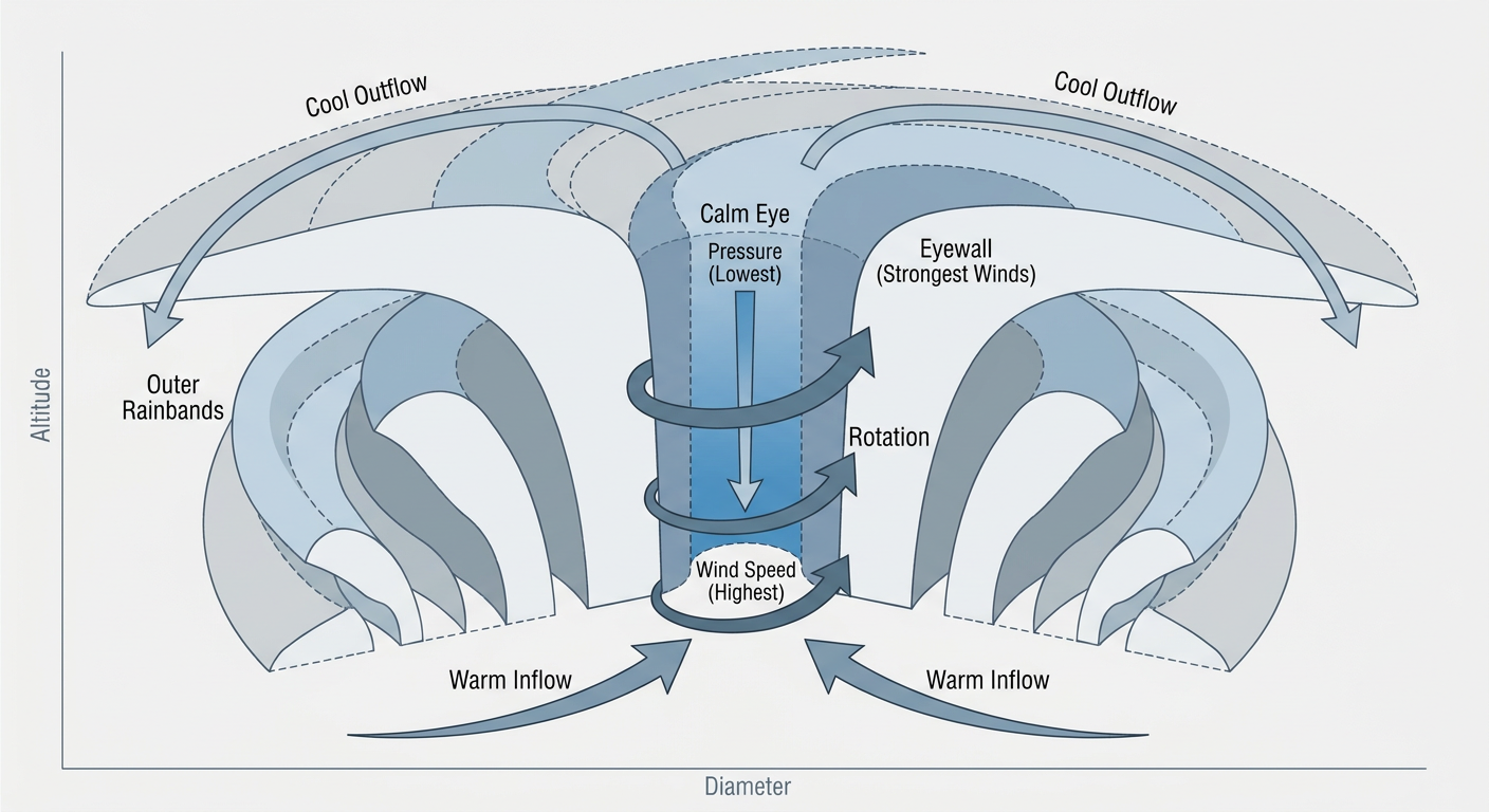 Cross-section diagram of a mature hurricane showing the eye, eyewall, and outer rainbands with labeled wind speed and pressure zones