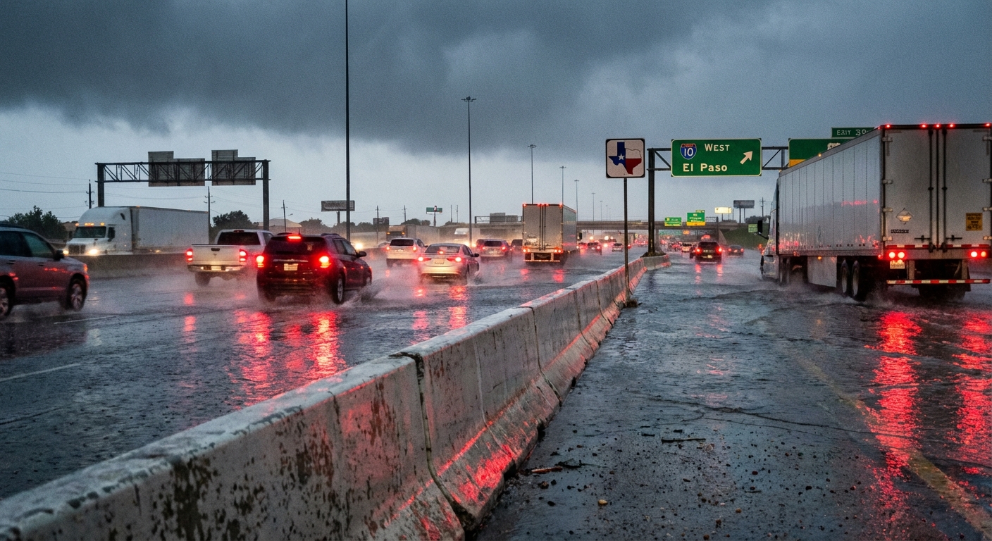 Heavy rain falling over an interstate highway in Texas