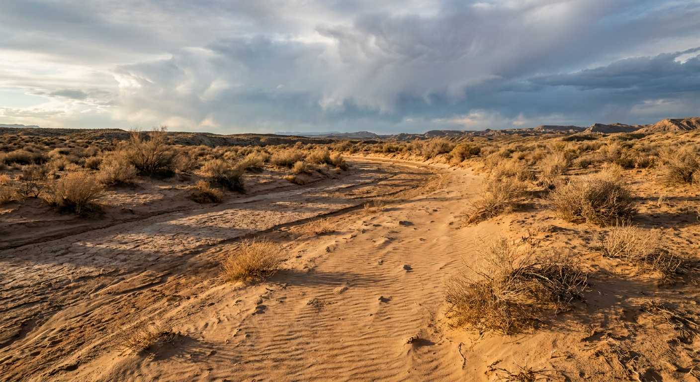A dry desert wash cutting through sparse scrubland under a building line of gray-white clouds, late afternoon light coming in low from the west, warm tan and rust tones in the foreground sand, cooler blue-gray clouds building on the horizon, wide low-angle shot emphasizing the empty channel waiting for water