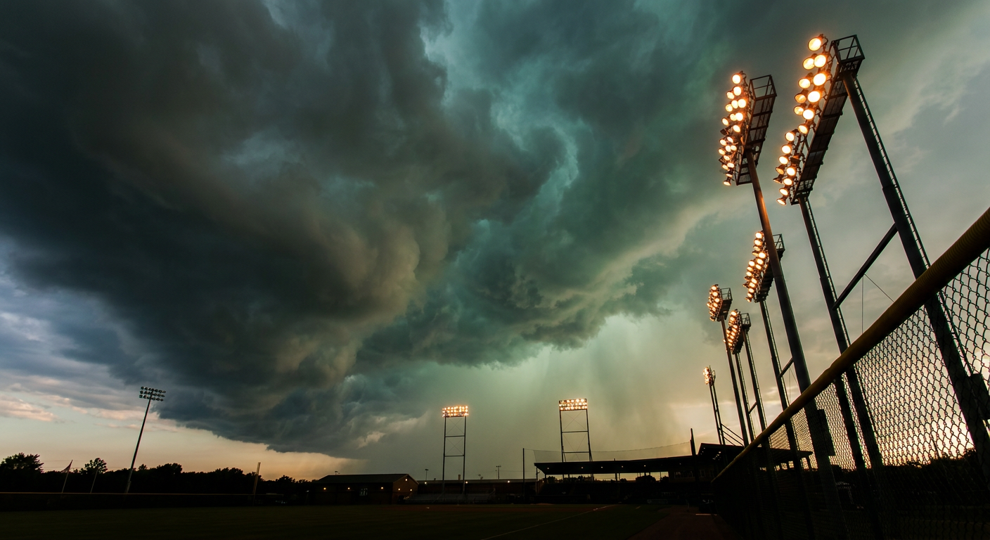 A shelf cloud advances over a lit stadium light tower and outfield fence at dusk, dramatic gray-green storm clouds rolling in from the left while warm stadium lights glow on the right, wide low-angle shot, mixed cool storm-gray and warm amber palette