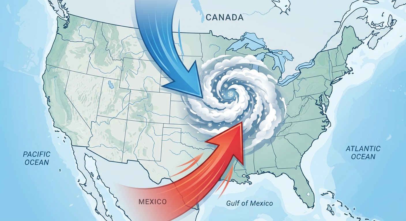 Diagram showing the clash of a cold Arctic air mass from Canada colliding with warm moist air from the Gulf of Mexico over the central United States, creating a massive winter storm system. Blue arrows pushing south and red arrows pushing north, culminating in a swirl of white and gray clouds over the Midwest. Clean, educational infographic style, no logos or text.