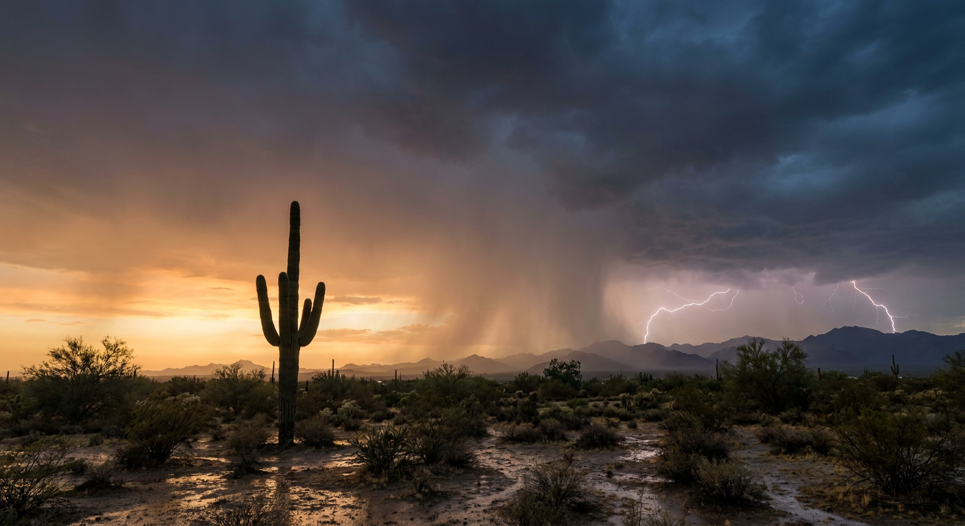 A monsoon thunderstorm drops heavy rain shafts over the Sonoran Desert at dusk, saguaro cactus silhouetted in the foreground, warm amber sky fading into deep blue-gray storm clouds, wide low-angle shot