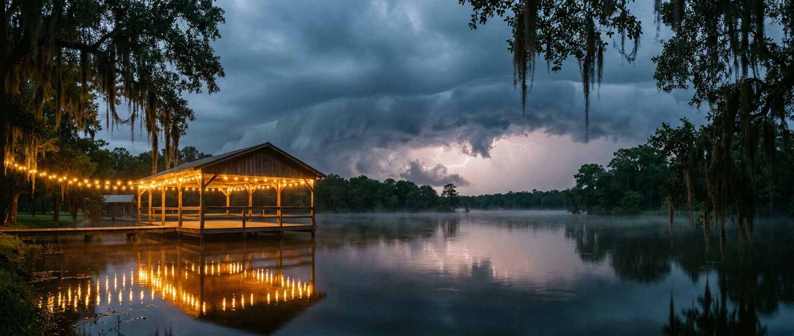 Storm clouds building over a Louisiana bayou at dusk with string lights from a riverside festival tent in the foreground