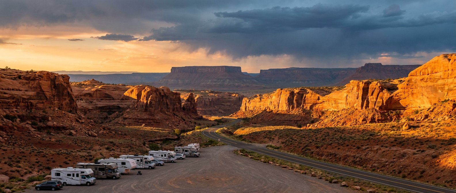 A lone highway winding through red desert canyon country under a darkening sky, late afternoon side-light turning the rock walls deep orange while distant thunderheads build gray-blue over the mesas, wide establishing shot, warm amber foreground fading into cool storm-blue horizon