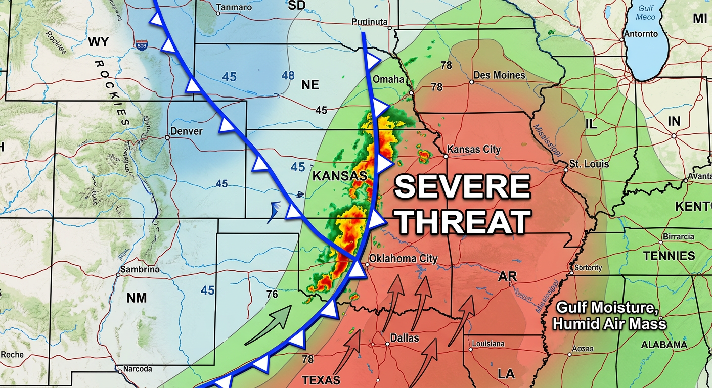 Map showing the clash of air masses over the central US