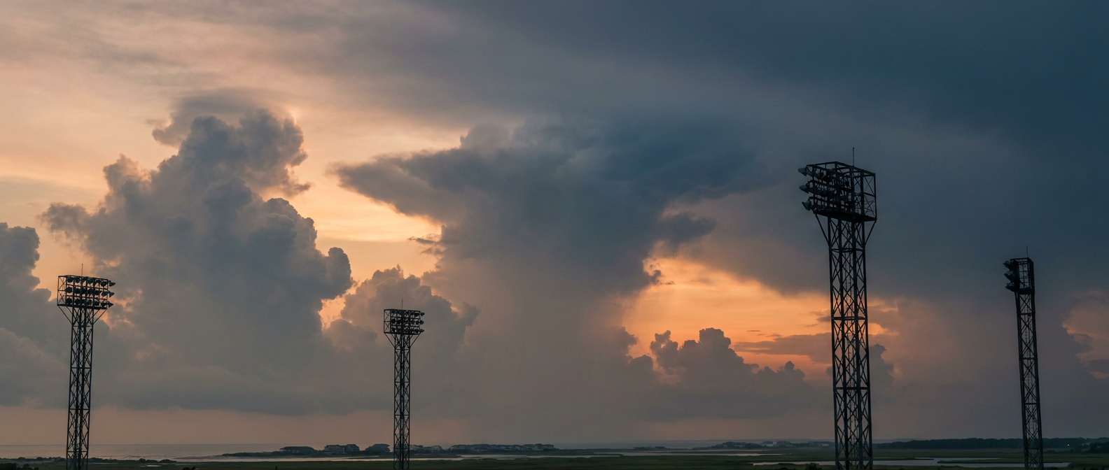 Stadium lights glow against a darkening sky as thunderheads build over a Gulf Coast horizon