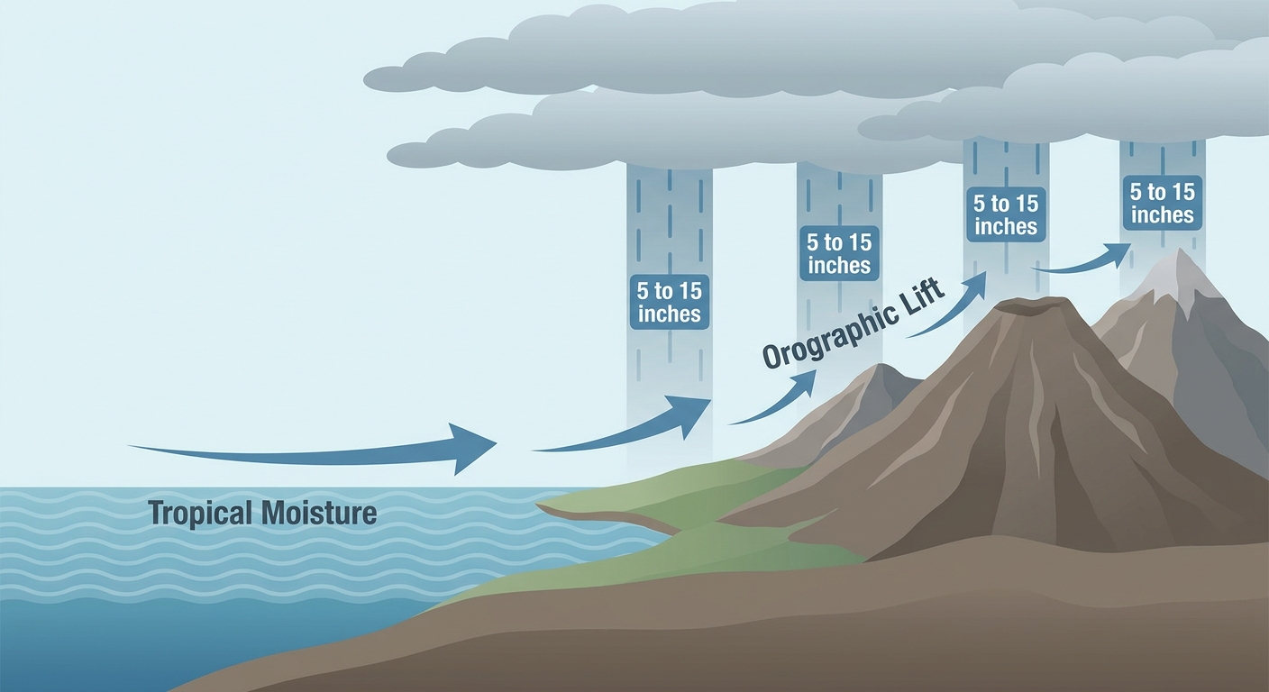 A cross-section diagram showing a weakening tropical low pulling moist ocean air onshore against volcanic mountain terrain, with arrows showing orographic lift and heavy rain bands labeled 5 to 15 inches, clean educational infographic style, muted blue and green palette