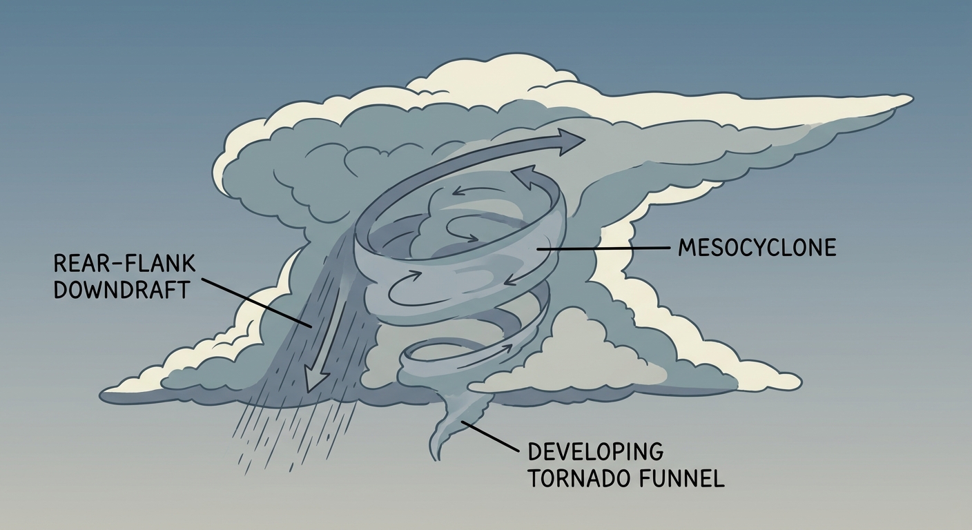 A cross-section diagram showing how rotating updraft air inside a supercell thunderstorm stretches and tightens into a tornado, labeled with mesocyclone, rear-flank downdraft, and condensation funnel, clean educational illustration style, no text overlays beyond simple labels, muted blue-gray and slate color palette
