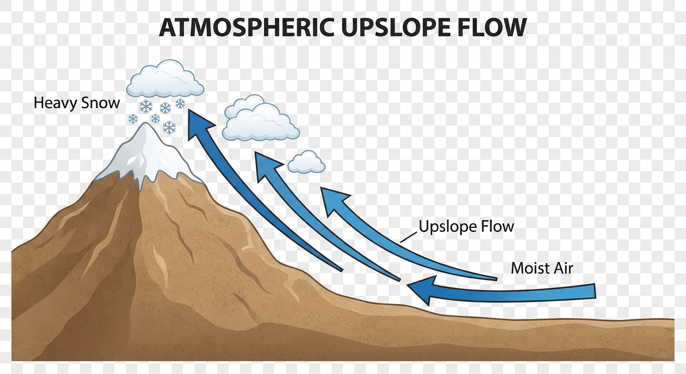 Diagram showing upslope flow against the Rocky Mountains