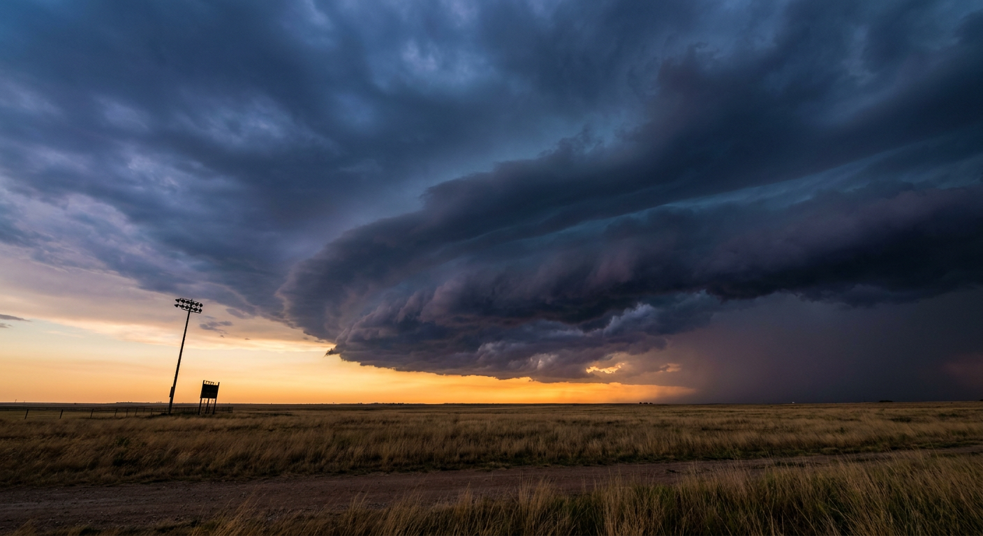 Shelf cloud advancing over a stadium light tower on the southern plains at dusk, warm amber sky fading to storm-gray, wide low-angle shot