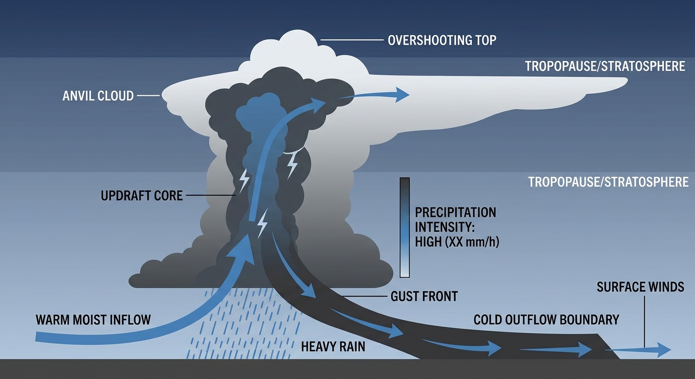 A cross-section diagram showing a mesoscale convective system at night, illustrating warm moist inflow rising into a rain-wrapped core, cold outflow spreading along the ground, and a heavy rain shaft with labeled arrows for wind direction and moisture flow, muted blue and charcoal color palette, educational infographic style