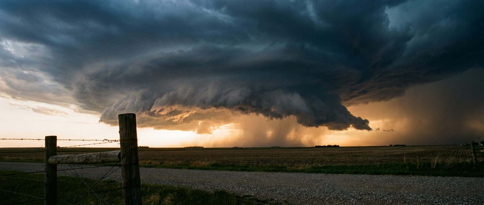 A bowing shelf cloud advances across open plains at dusk, dust kicked up along a gravel road in the foreground, warm amber sky fading to deep blue-gray storm base, wide low-angle shot