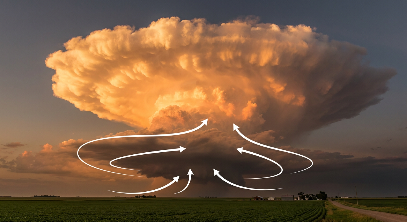 A supercell thunderstorm updraft tower rising over flat farmland at golden hour, showing the base of rotation where a tornado could form, labeled with simple arrows indicating inflow and rotation, no text overlays, photographic style, warm amber lighting