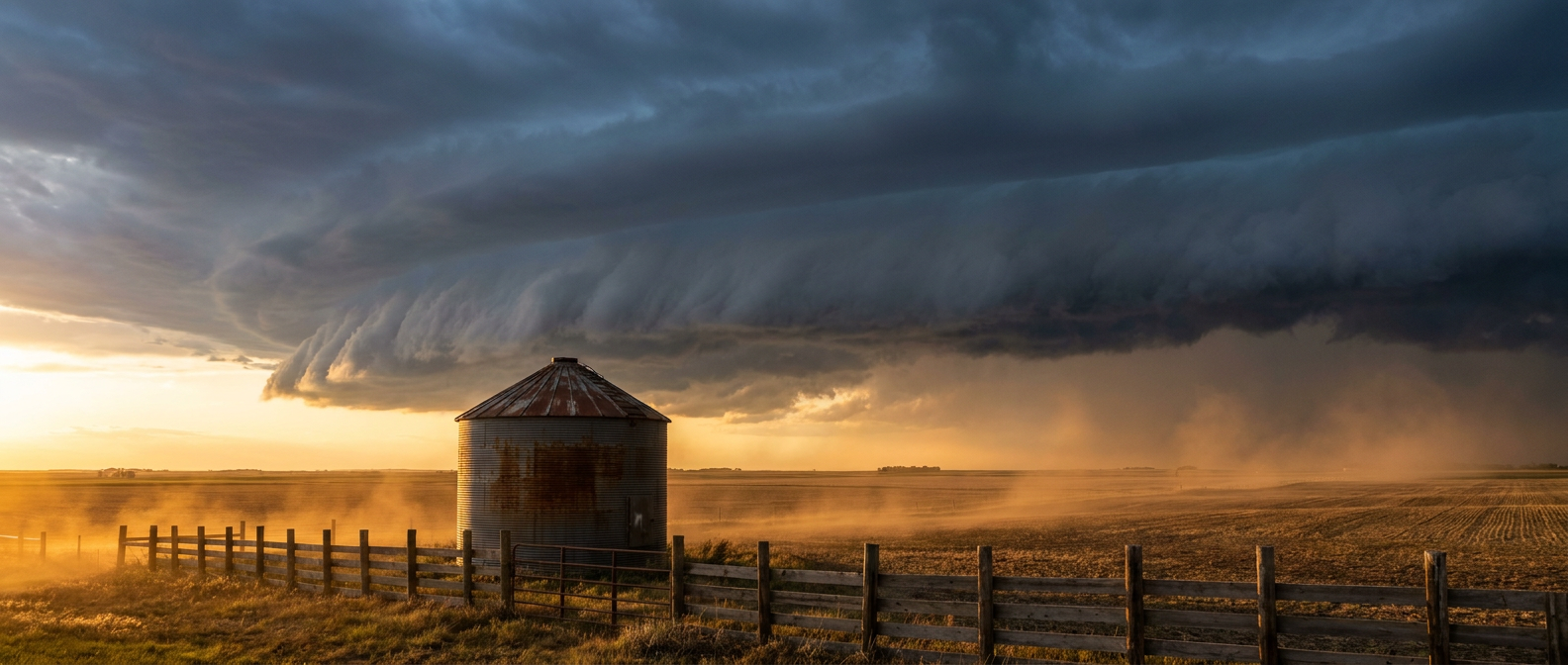A shelf cloud advances low and dark over flat Midwest farmland at golden hour, with a grain silo and fence line in the foreground, warm amber light on the ground contrasting against the deep blue-gray cloud base above, wide low-angle establishing shot