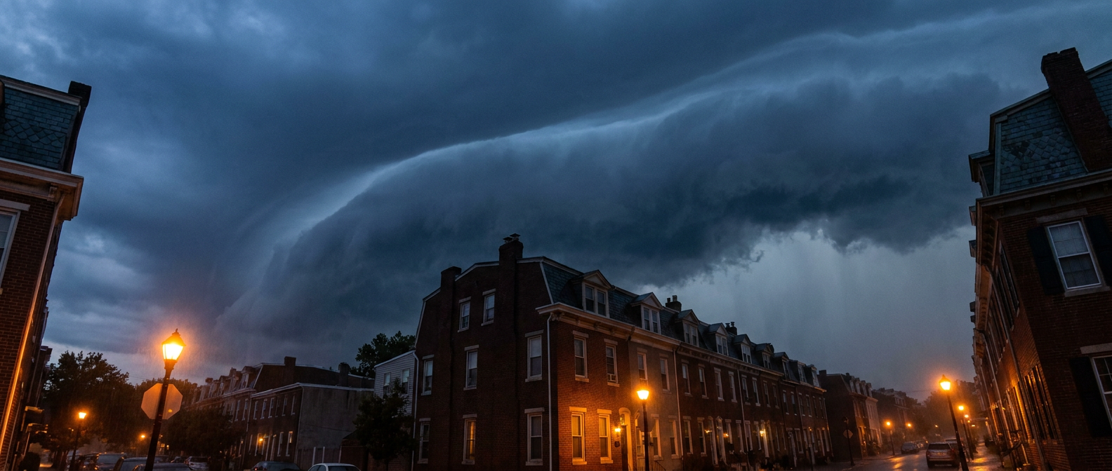 Shelf cloud advancing over a Mid-Atlantic rowhome skyline at dusk, moody blue-gray storm light, low camera angle looking up at the cloud base, muted amber streetlights below