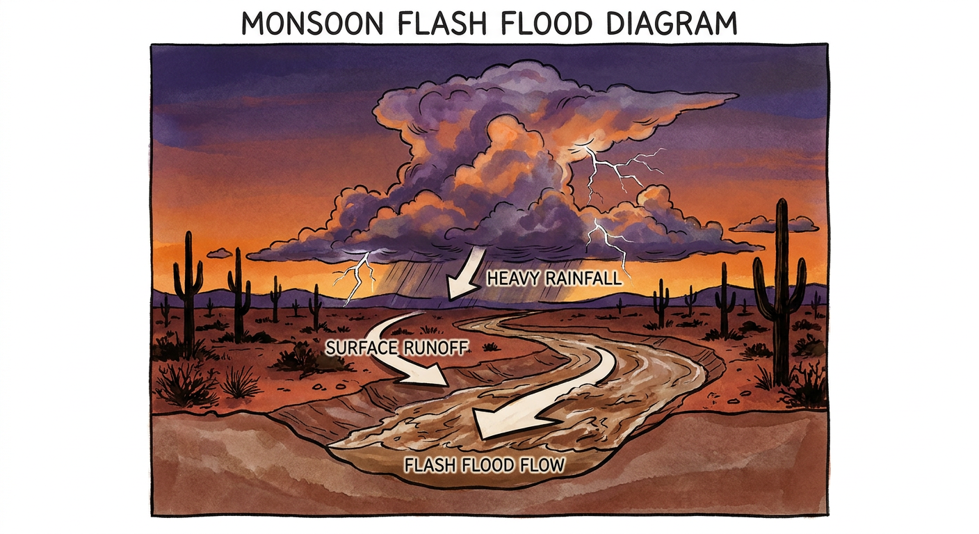 A monsoon thunderstorm builds over a desert landscape at dusk, with a dry wash in the foreground beginning to fill with fast-moving brown water, saguaro cactus silhouettes, warm orange and purple sky, labeled arrows showing water flow direction into the wash, educational cross-section style illustration
