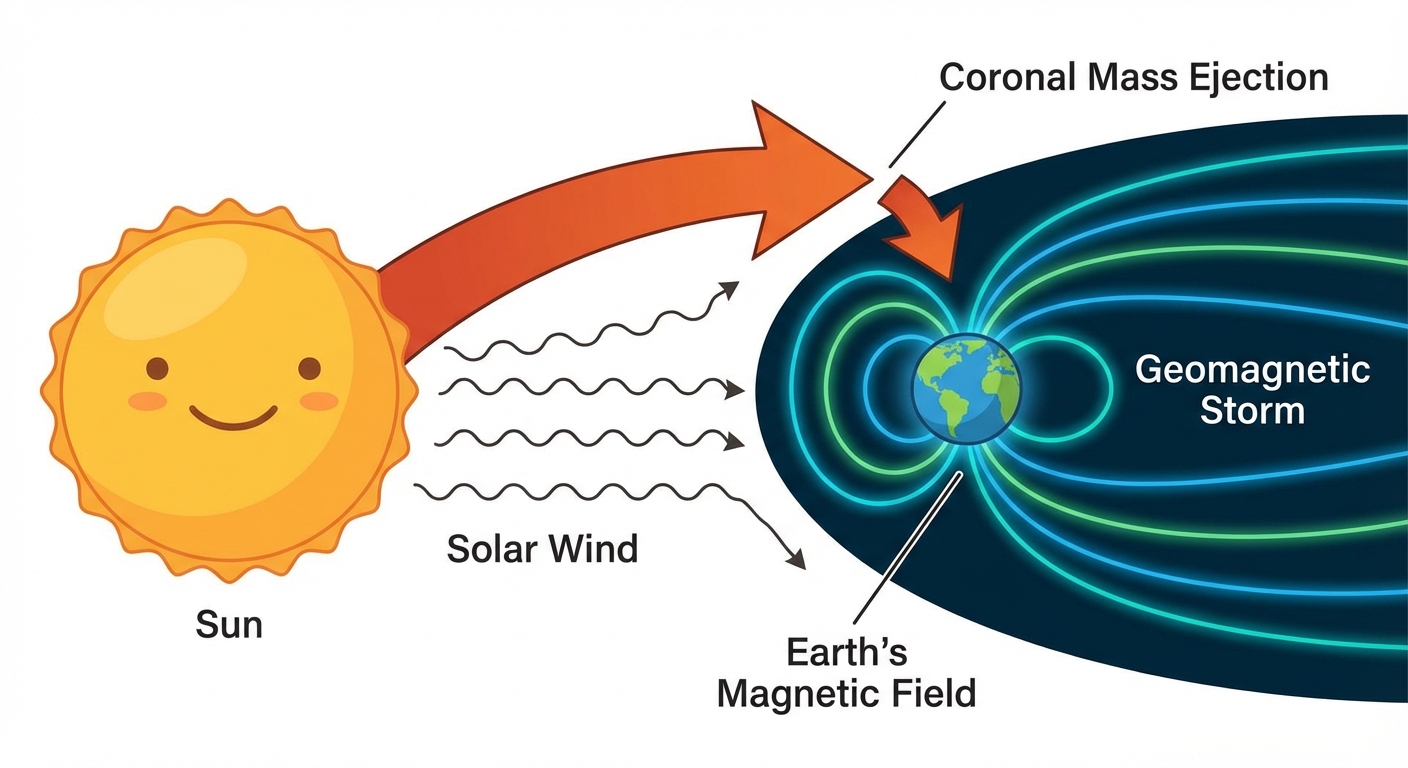Diagram of a solar storm hitting Earth