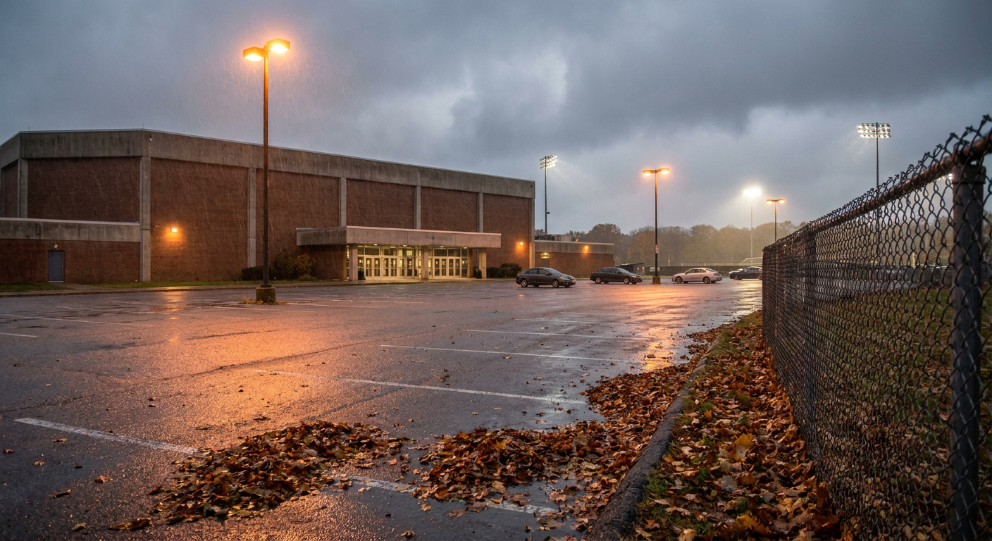 Autumn evening outside a Northeastern sports arena, stadium floodlights glowing through gathering low clouds, light rain beginning to streak across a nearly empty parking lot, fallen leaves swirling near a chain-link fence in the foreground, cool blue-gray palette with warm sodium light spilling from nearby lamps, wide low-angle shot looking toward the arena entrance