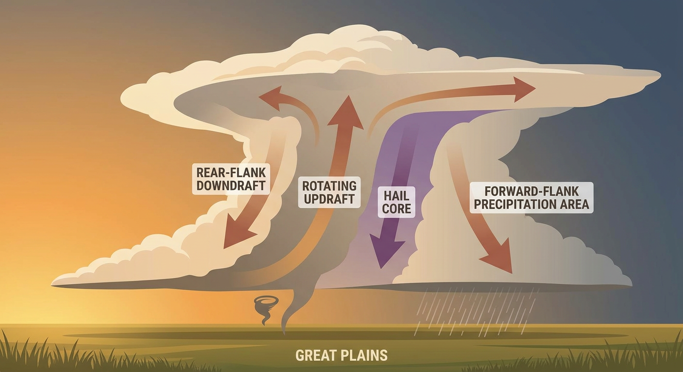 Simple supercell anatomy diagram showing updraft, downdraft, hail core, and forward-flank precipitation region with labeled arrows