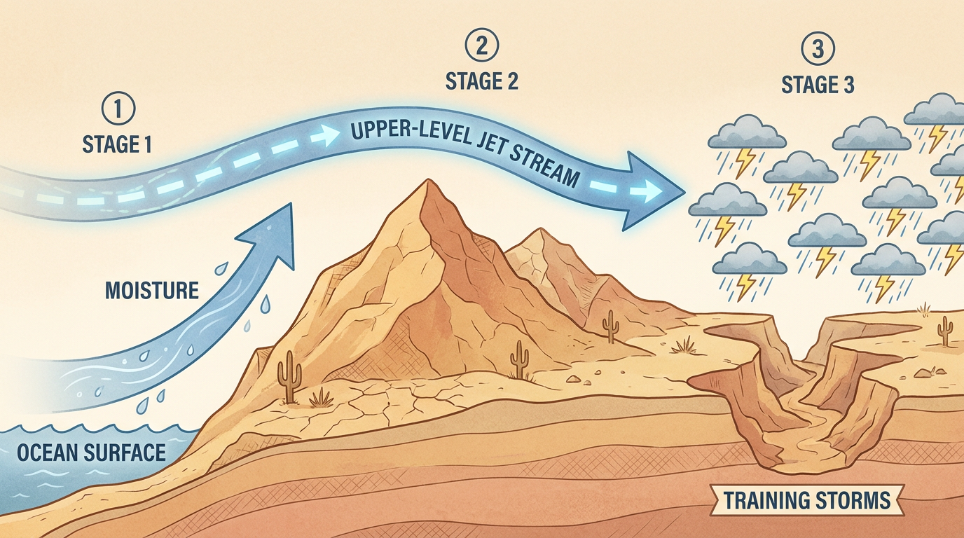Simple flow diagram showing tropical moisture streaming northward from the Pacific, colliding with an upper-level jet stream over the desert Southwest, producing repeated thunderstorm cells over the same mountainous terrain, labeled with arrows for moisture transport, lift, and training storms