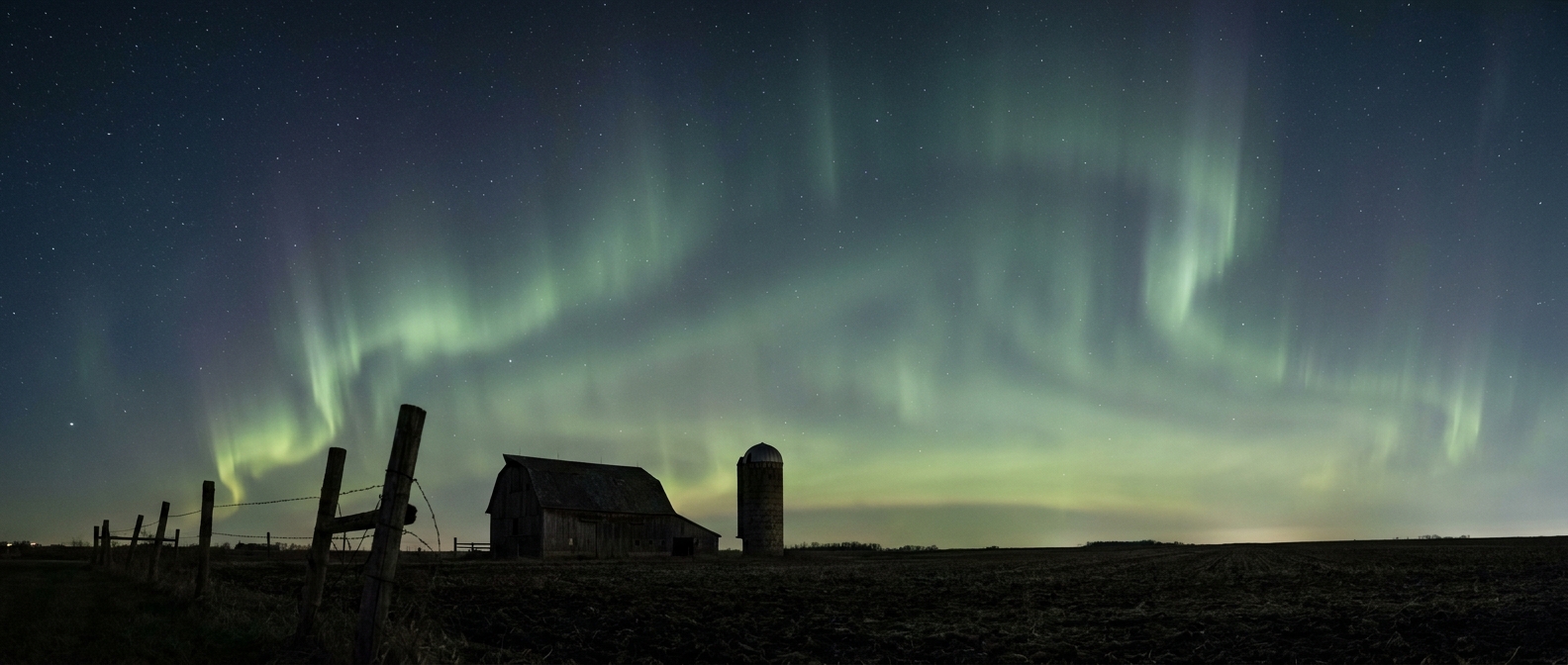 A faint green aurora glow ripples above a dark Wisconsin farm field at night, a weathered wooden fence line and distant silo in the foreground, cool blue-black sky fading to green near the horizon, low wide-angle shot looking north
