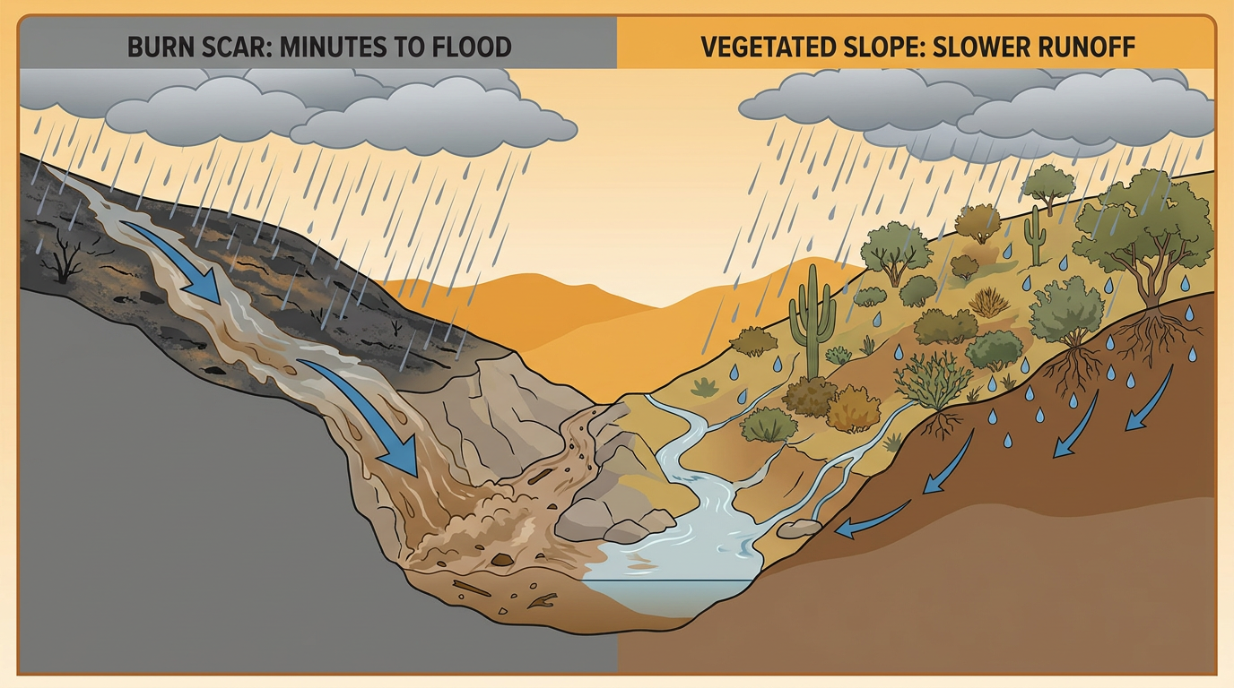 Cross-section diagram showing how a burn scar accelerates flash flooding compared to healthy vegetated terrain, with labeled arrows showing rainfall runoff speed, soil absorption differences, and a monsoon thunderstorm overhead, warm desert color palette, educational infographic style