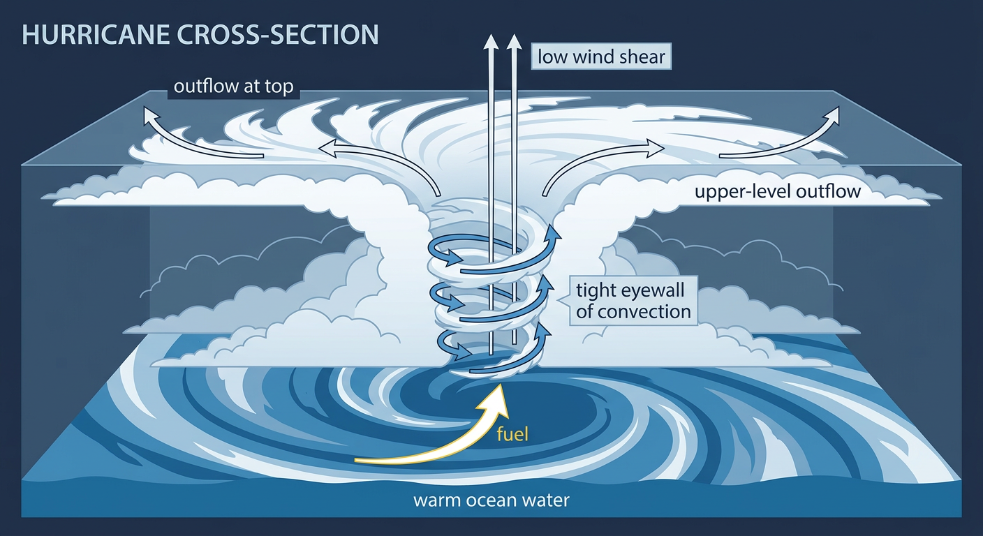 Cross-section diagram showing why warm ocean water and low wind shear allow a hurricane to rapidly intensify, with labeled arrows for outflow, eyewall convection, and warm sea surface temperatures