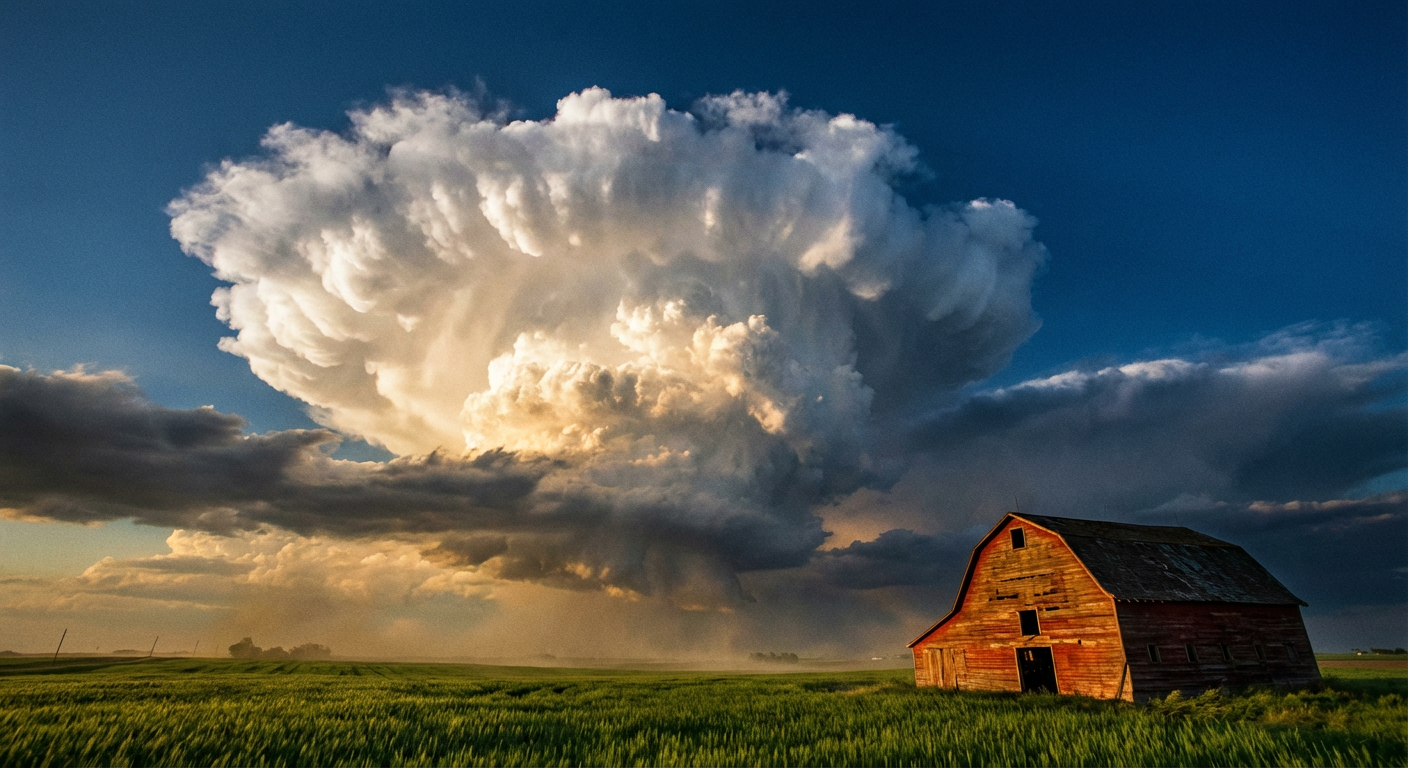 Dark storm clouds over a green spring field
