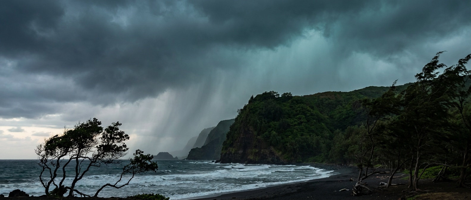 Dark rain bands moving over a rugged volcanic coastline at dusk, heavy gray clouds low over green cliffs, moody teal and charcoal color palette, wide shot from a black sand beach looking out toward the horizon