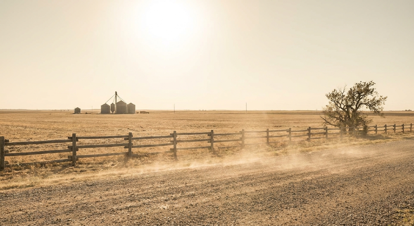 A hazy, heat-soaked afternoon over a flat farm landscape with shimmering heat distortion rising off a gravel road, a weathered wooden fence in the foreground, distant grain silos on the horizon, harsh overhead sun, washed-out pale gold and dusty amber palette, wide establishing shot