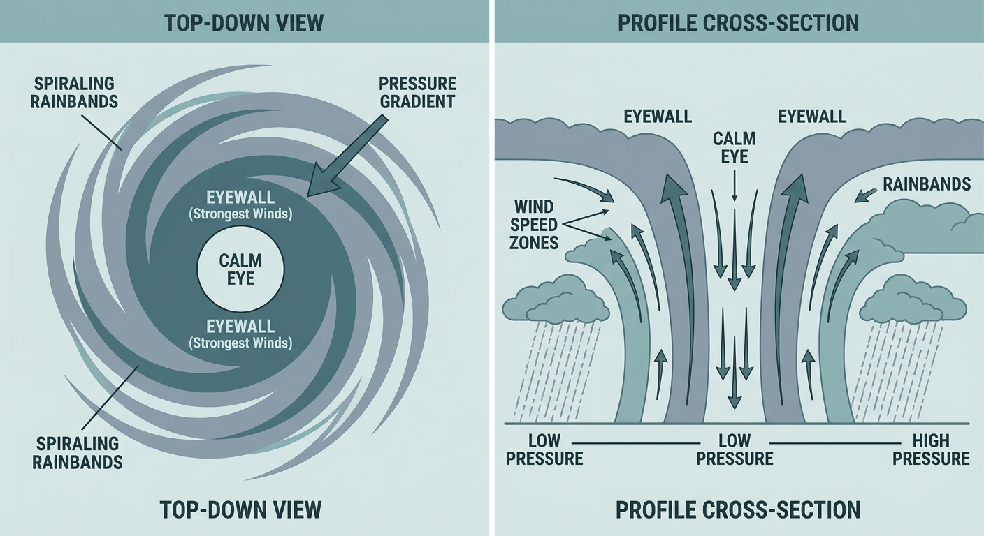 A cutaway cross-section diagram of a hurricane showing the eye, eyewall, and spiral rainbands, labeled with wind speed and pressure values, rendered in a clean educational infographic style with a muted teal and gray color palette