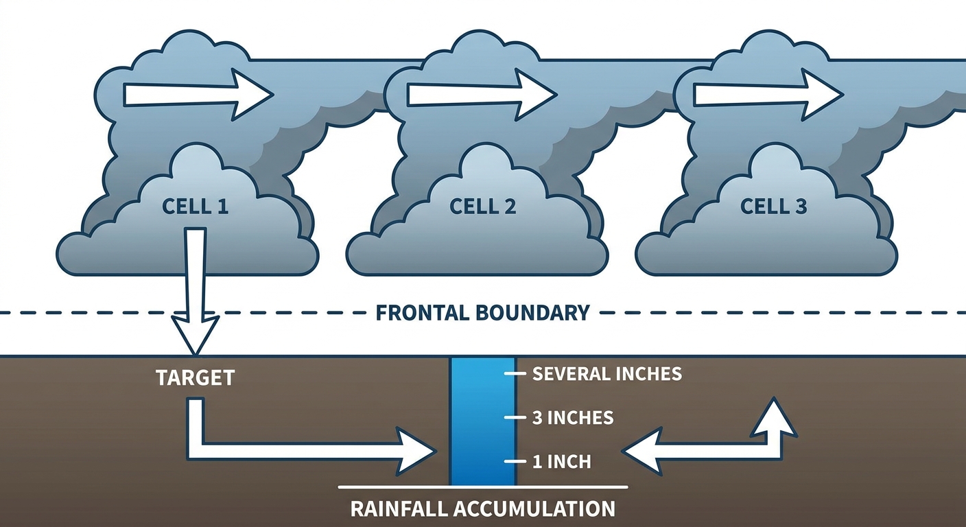 Cross-section diagram showing how training thunderstorms line up along a stationary frontal boundary, with individual storm cells labeled and arrows showing repeated movement over the same ground, plus a rainfall accumulation bar underneath