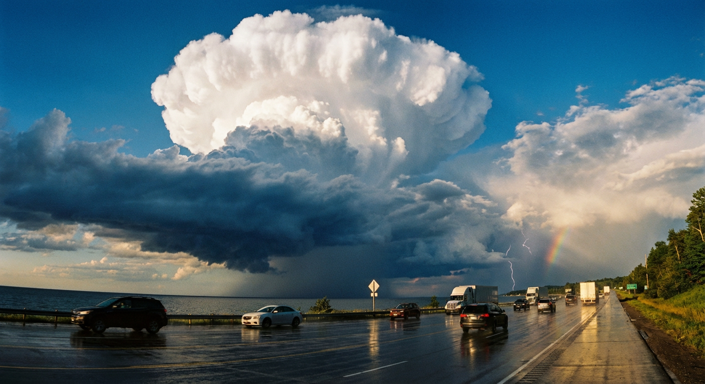 Storm clouds building over a wet highway