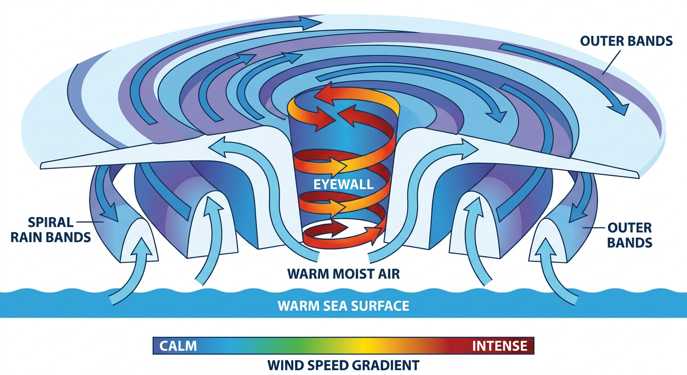 A cutaway diagram showing a tropical storm's core structure, with labeled eyewall, spiral rain bands, warm sea-surface arrows feeding moisture upward, and a wind-speed color gradient from calm blue outer bands to intense red near center, clean educational style with labeled text, no geography shown
