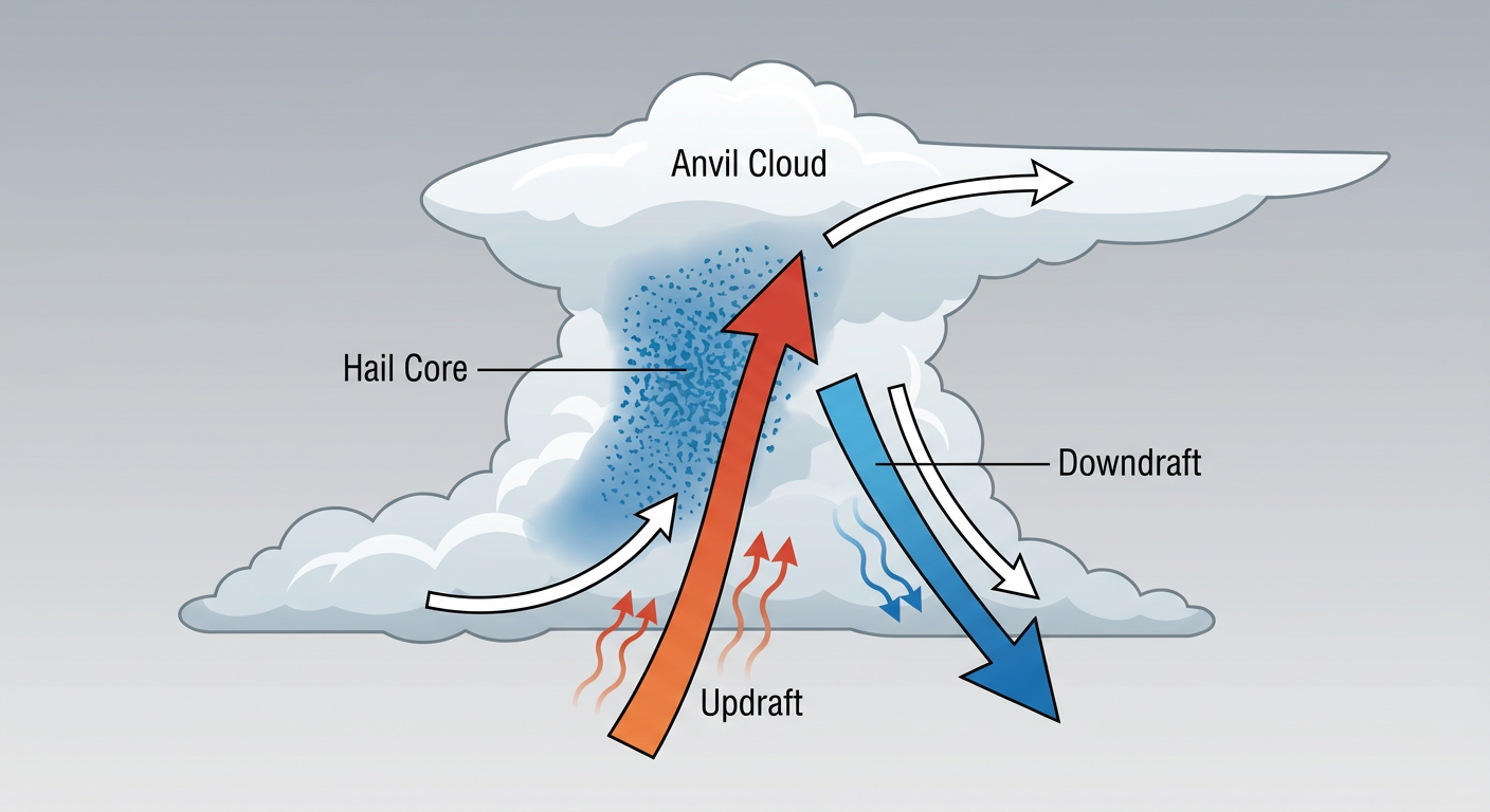 Diagram showing the anatomy of a supercell thunderstorm