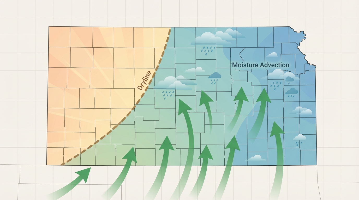 Diagram showing the severe weather setup over Kansas with a dryline and moisture advection
