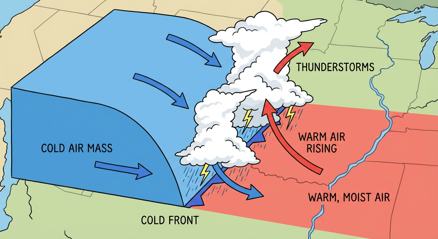 Diagram showing warm moist air colliding with a cold front