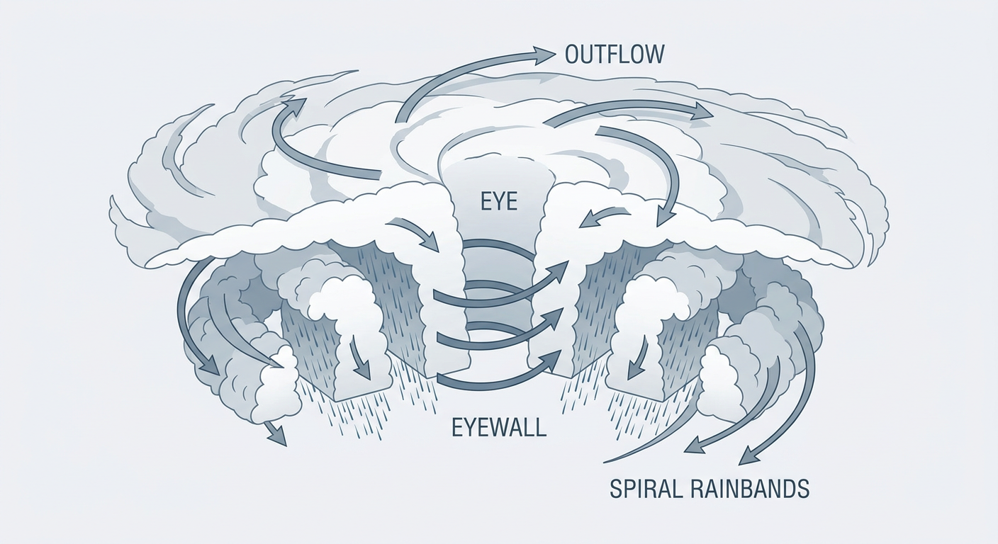 A cutaway diagram showing the internal structure of a tropical storm, labeled with the eye, eyewall, rainbands, and outflow, rendered as a clean educational cross-section against a plain background