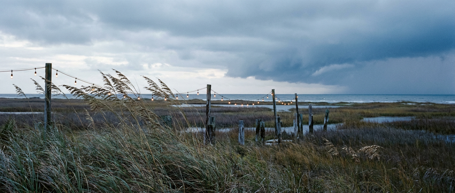 Overcast late afternoon light over a Mid-Atlantic coastal marsh, wind-bent dune grass in the foreground, string lights strung between weathered wooden posts swaying in the gusts, cool blue-gray storm palette building offshore, wide establishing shot looking toward the horizon