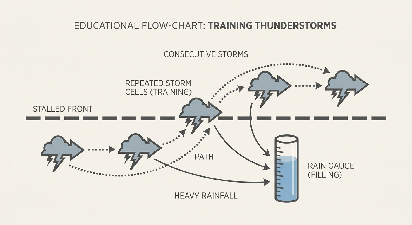 Simple flow-chart style infographic illustrating how training thunderstorms form, showing repeated storm cells moving along the same track over a stalled frontal boundary, with a rain gauge icon showing accumulating totals over several hours